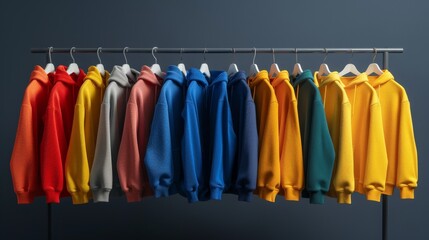 A variety of colorful hoodies are hanging on a rack. The background is dark blue.