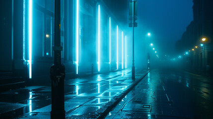 Muted slate blue neon lights on a wet street at night, empty urban scene, foggy.