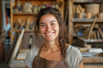 portrait of young woman in wood workshop