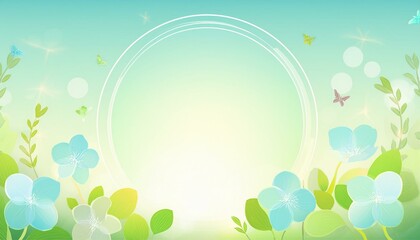 Background with grass and flowers. Glowing ring of light. Bokeh effect. Copy Space