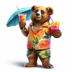 Friendly cartoon bear in Hawaiian shirt holding cocktails and umbrella