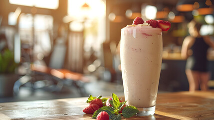 Summertime Strawberry Protein Shake at gym cafe. Generative by AI