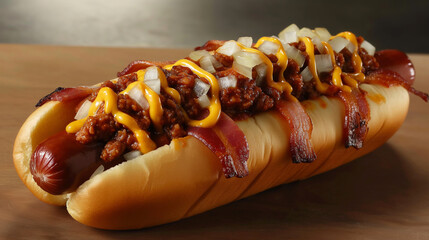 Hot dog with bacon, chili and onions