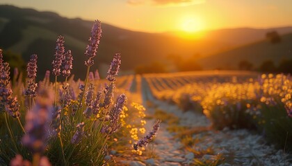 lavender flowers field sunset mountain background radiate connection fertile fecund warm sundown napa apothecary evokes delight