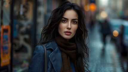 Naklejka premium Woman Standing on City Street in the Rain. Generative AI