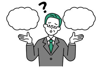 二つの吹き出しと迷っている年配のスーツの男性