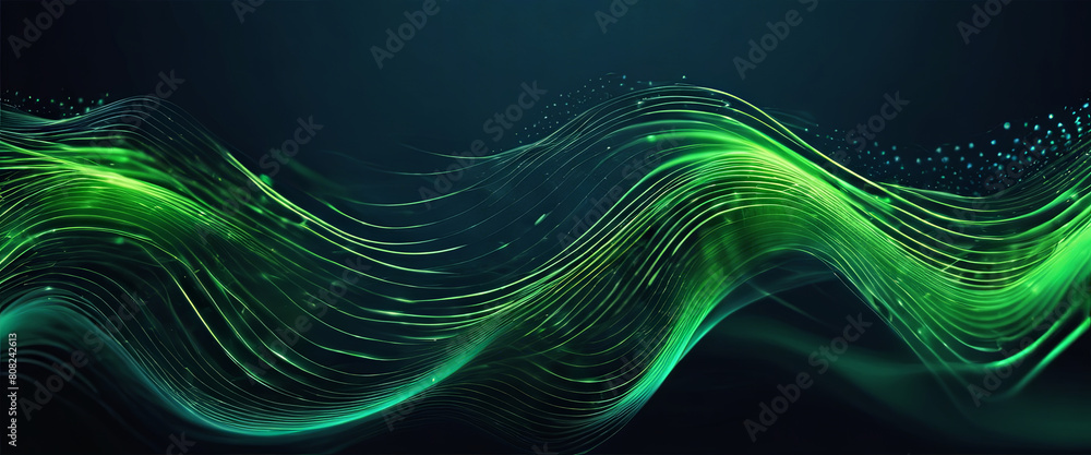 Poster abstract green wavy lines with dots-particles