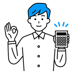 OKサインをしながら電卓を持っているカジュアルな男性