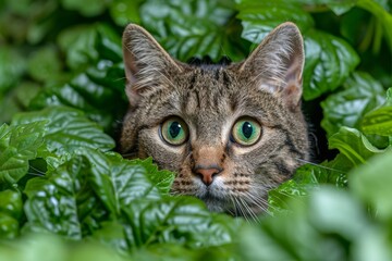 Obraz premium Cat Peeking Out From Behind Green Leaves