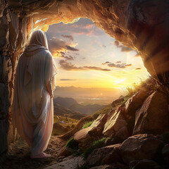 Jesus Christ comes out of the cave. Photo can be used for Christian Gospel illustration