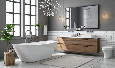 modern minimalistic bathroom with an oval bathtub, two floating wooden cabinets and one wall mirror...