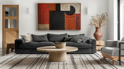 living room scandinavian style with black leather sofa, wood coffee table, and colorful rug.