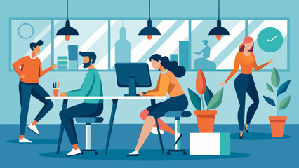 The company provides standing desks and encourages employees to alternate between sitting and standing reminding them to take deep breaths and stretch. Vector illustration