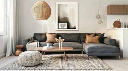 Scandinavian living room, gray sofa, a coffee table, a rug, a lamp