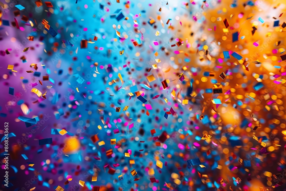 Poster an energetic image of multicolored confetti pieces bursting across a colorful gradient background