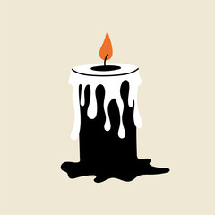 Black and white burning candle with melting wax, Halloween element in modern flat, line style. Hand drawn illustration
