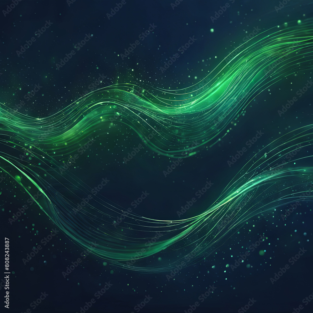 Poster abstract green wavy lines with dots-particles