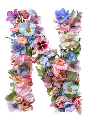 Flower font alphabet N made of colorful floral letter isolated on white background. Spring or summer flower font.