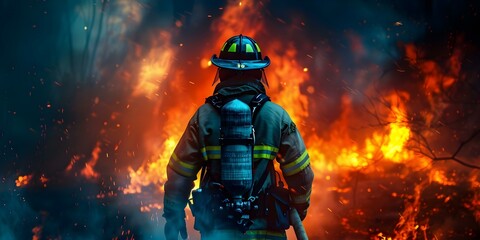 Bravely Facing Danger: A Firefighter's Journey Through a Raging Blaze. Concept Firefighting, Raging Blaze, Courage, Resilience, Safety Gear