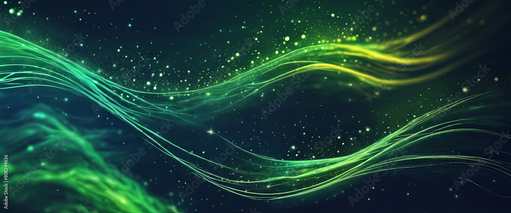 Poster abstract green wavy lines with dots-particles