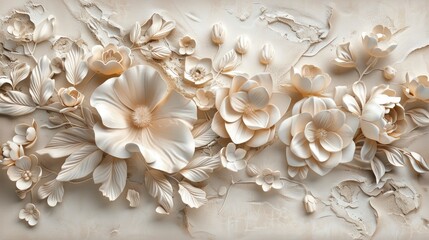 wallpaper with beautiful flowers and leaves, elegant wall background with texture of plaster and stucco