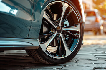 Car wheel with new tire closeup