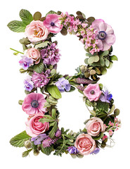 Flower font alphabet B made of colorful floral letter isolated on white background. Spring or summer flower font.