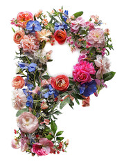 Flower font alphabet P made of colorful floral letter isolated on white background. Spring or summer flower font.