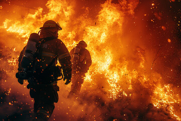 firefighters at raging fire