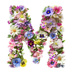 Flower font alphabet M made of colorful floral letter isolated on white background. Spring or summer flower font.