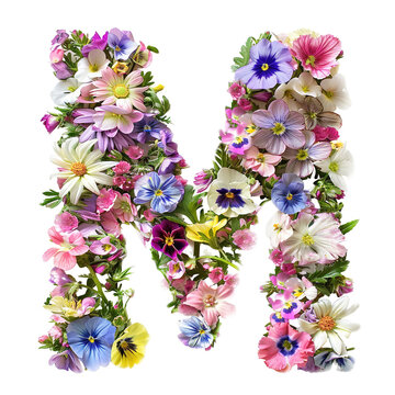Flower font alphabet M made of colorful floral letter isolated on white background. Spring or summer flower font.