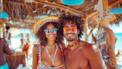 Portrait of happy Latino couple in fancy sunglasses, cheerfully smiling at the camera in beach cocktail bar. They are wearing ethnic Latin American accessories. Beauty of human emotions concept image