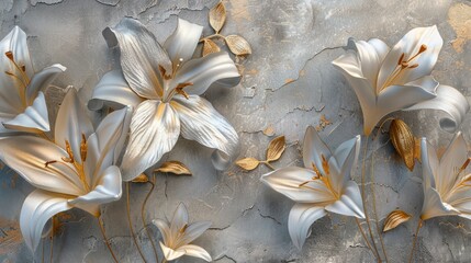 Abstract silver and gold lily flowers on a grey background with texture