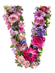 Flower font alphabet V made of colorful floral letter isolated on white background. Spring or summer flower font.