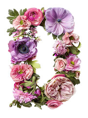 Flower font alphabet D made of colorful floral letter isolated on white background. Spring or summer flower font.
