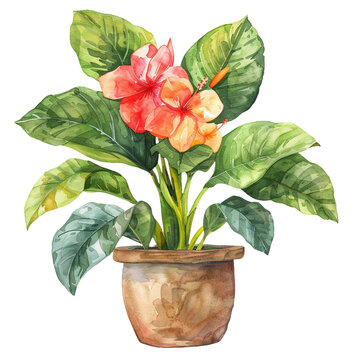 watercolor potted hibiscus flowers and leaves clip art preview
