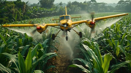 Aerial perspective of propeller plane spraying agricultural fertilizer on cultivated crops