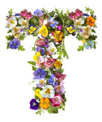 Flower font alphabet T made of colorful floral letter isolated on white background. Spring or summer flower font.