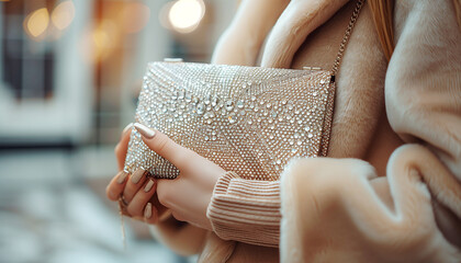 Luxury woman's handbag clutch decorated with gemstones in well-manicured female hands, close-up image. Woman dressed in a costly fur coat, showing well-being and success.