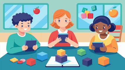 Fototapeta premium A group of students with ADHD using fidget cubes and weighted lap pads to help them stay focused during lessons.. Vector illustration