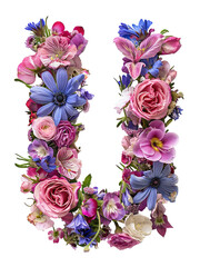 Flower font alphabet U made of colorful floral letter isolated on white background. Spring or summer flower font.
