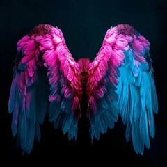 Fototapeta premium Neon angel wings have dark background for a photoshoot, neon angel wings illuminated by pink and blue lights concept, AI generated