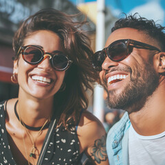 Laughing young couple in love during an outdoor vacation walk, smiling, and taking selfies on a smartphone. Warm, friendly relationship and beauty of people concept image