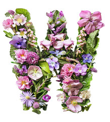Flower font alphabet W made of colorful floral letter isolated on white background. Spring or summer flower font.