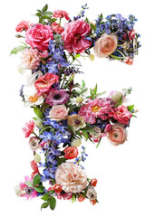 Flower font alphabet F made of colorful floral letter isolated on white background. Spring or summer flower font.