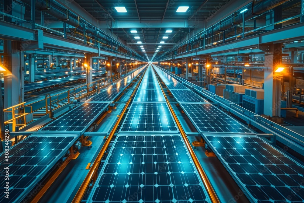 Poster the image portrays a glimpse into the future of energy with rows of solar panels in a high-tech auto