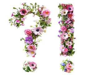 Flower font exclamation mark and question mark made of colorful floral letters isolated on white background. Spring or summer flower font.