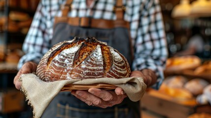 Fototapeta premium A person closely holds a loaf of bread against a backdrop of assorted breads behind