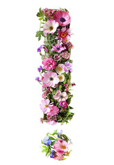 Flower font exclamation mark made of flowers isolated on white background. Spring or summer flower font.