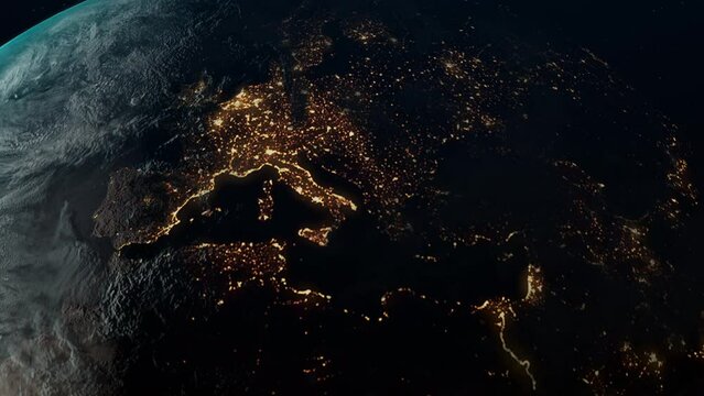 Realistic Earth rotating.Day to night transition as seen from space. Glowing bright city lights shine at European continent.map of Europe